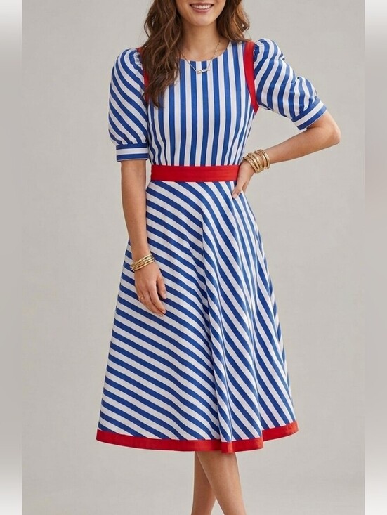 Algo Ettes Dresses & Skirts - Vintage 100% Cotton Coastal Midi Dress Stripped Fits Medium Size 9 Pin Up Retro